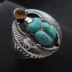 Перстень серебряный "Скарабей" с бирюзой и янтарем